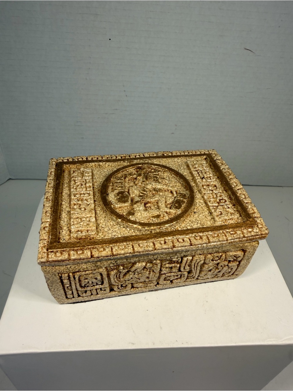 Decorative Keepsake Box with Mayan/Aztec Relief Carvings